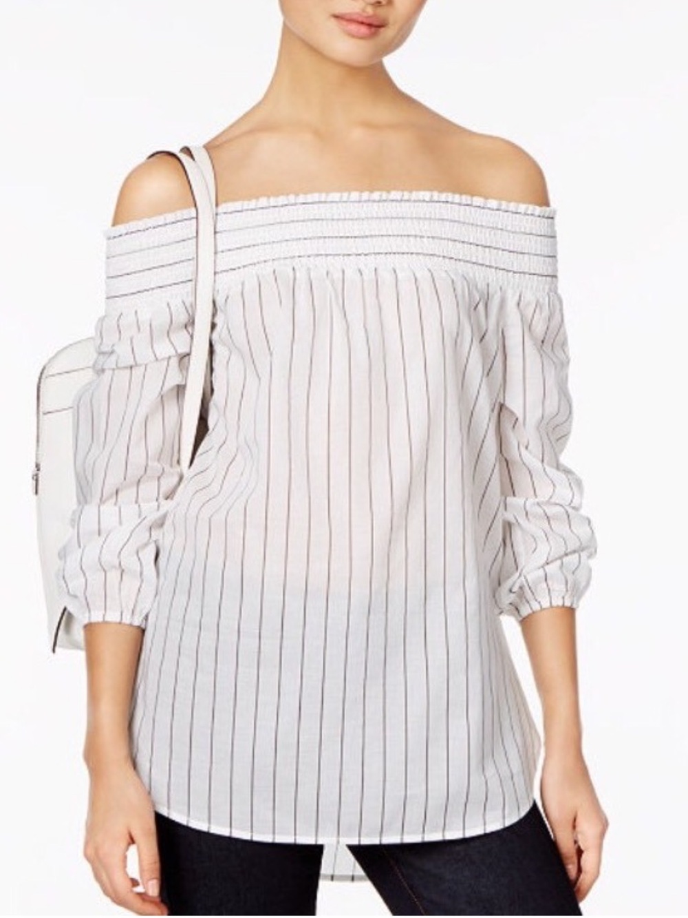 MK MICHAEL Michael Kors Women’s S White Black Striped LS Off-Shoulder Top in EUC